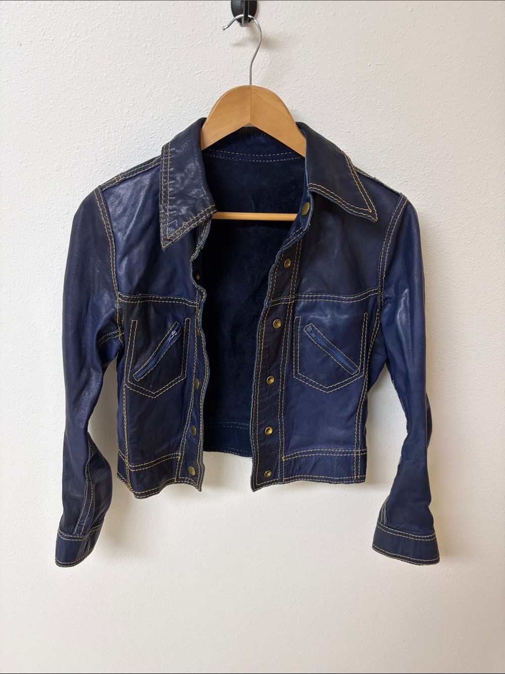 Women's Navy Blue Leather Jacket with Contrast Stitching size 9/10